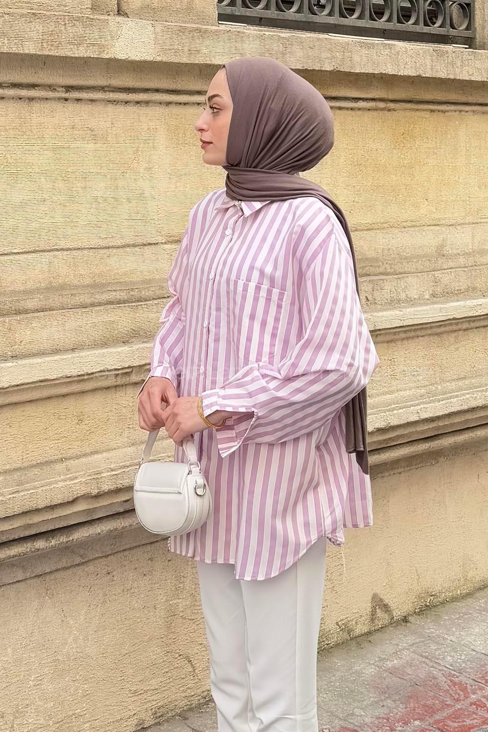 Lamelif Reina Çizgili Tesettür Gömlek Lila