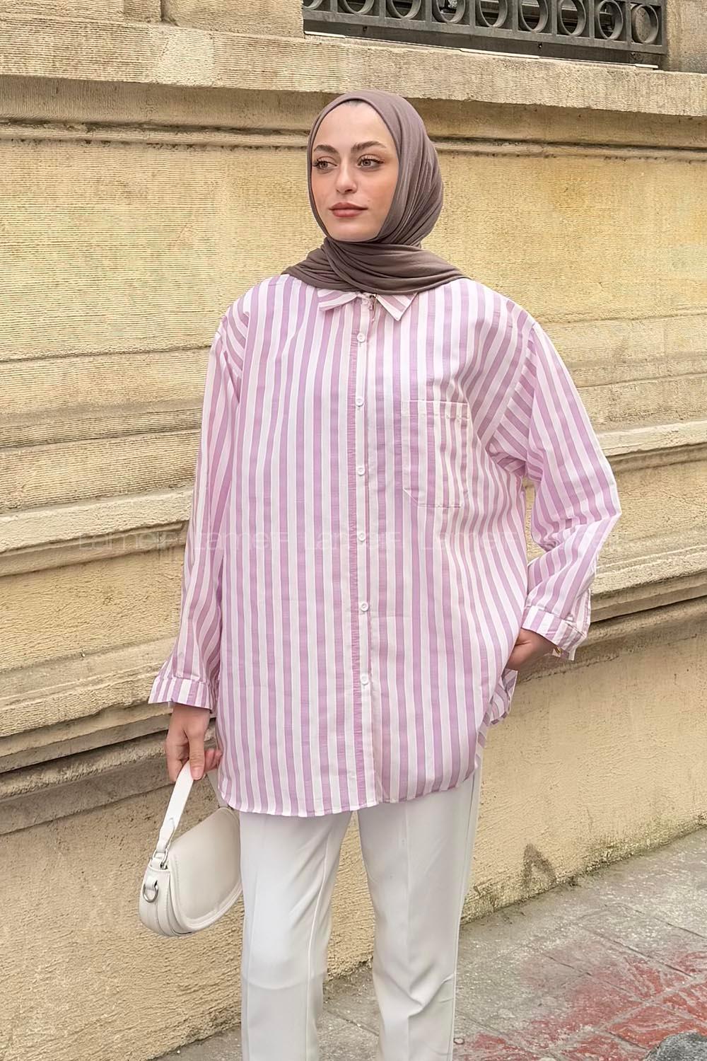 Lamelif Reina Çizgili Tesettür Gömlek Lila