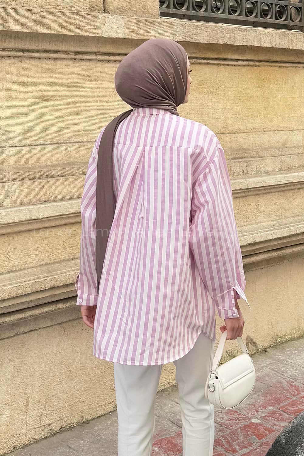 Lamelif Reina Çizgili Tesettür Gömlek Lila