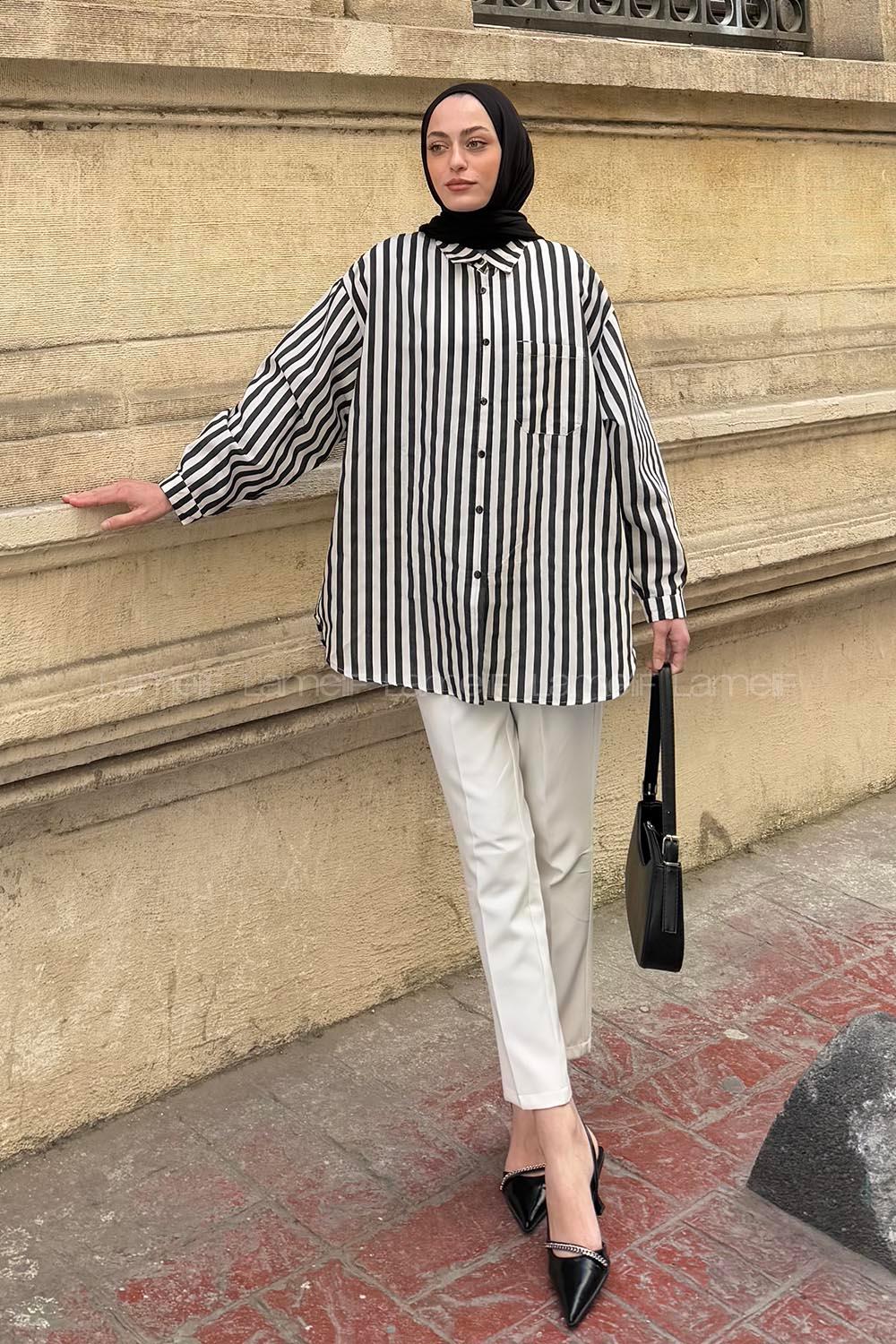 Lamelif Reina Çizgili Tesettür Gömlek Siyah