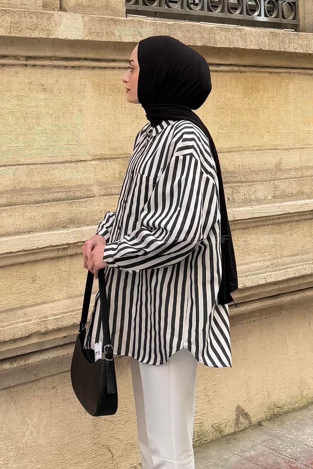 Lamelif Reina Çizgili Tesettür Gömlek Siyah