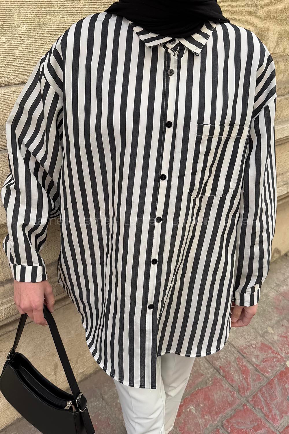 Lamelif Reina Çizgili Tesettür Gömlek Siyah