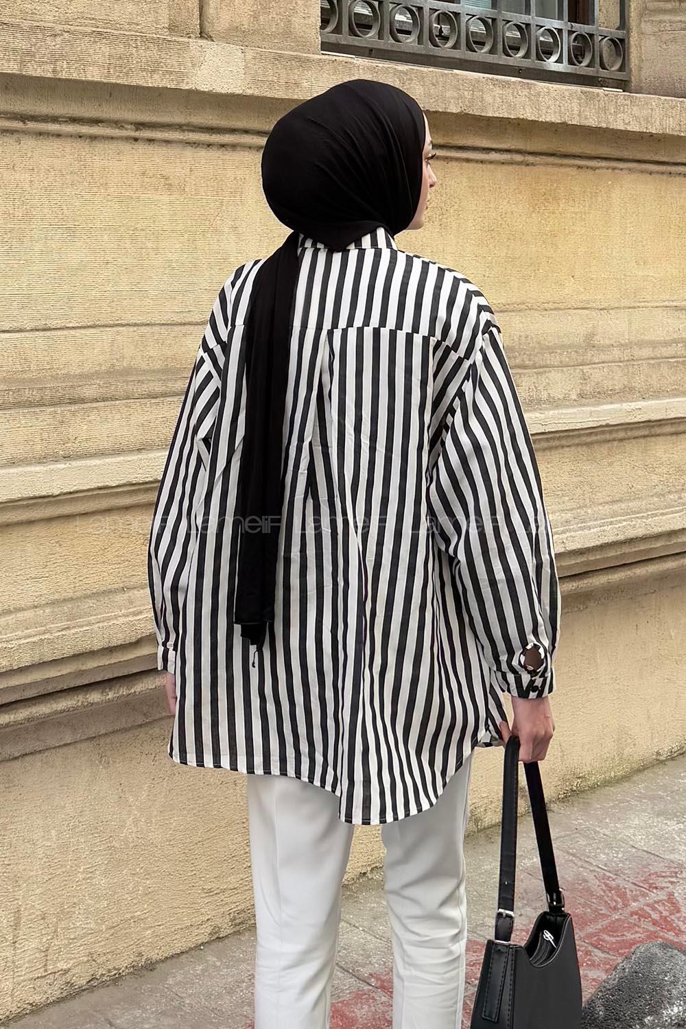 Lamelif Reina Çizgili Tesettür Gömlek Siyah