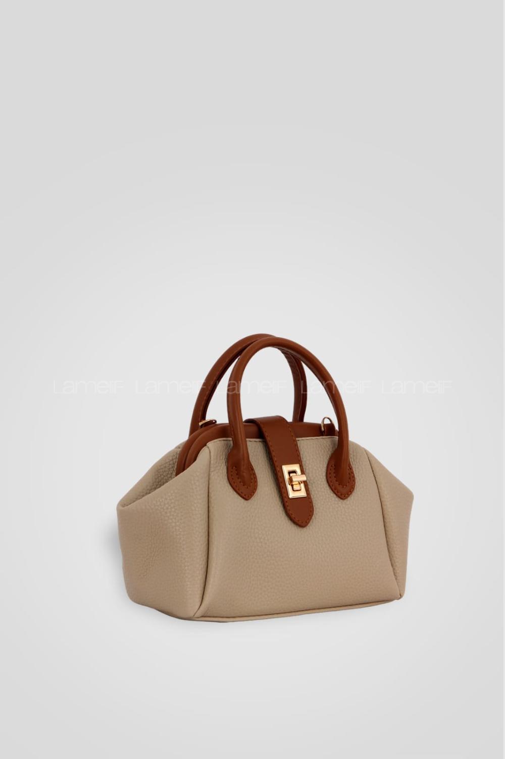 Lamelif Burslu Kilit Detaylı Ayarlanabilir Askılı Kadın El Kol Ve Omuz Çantası Vizonrengi