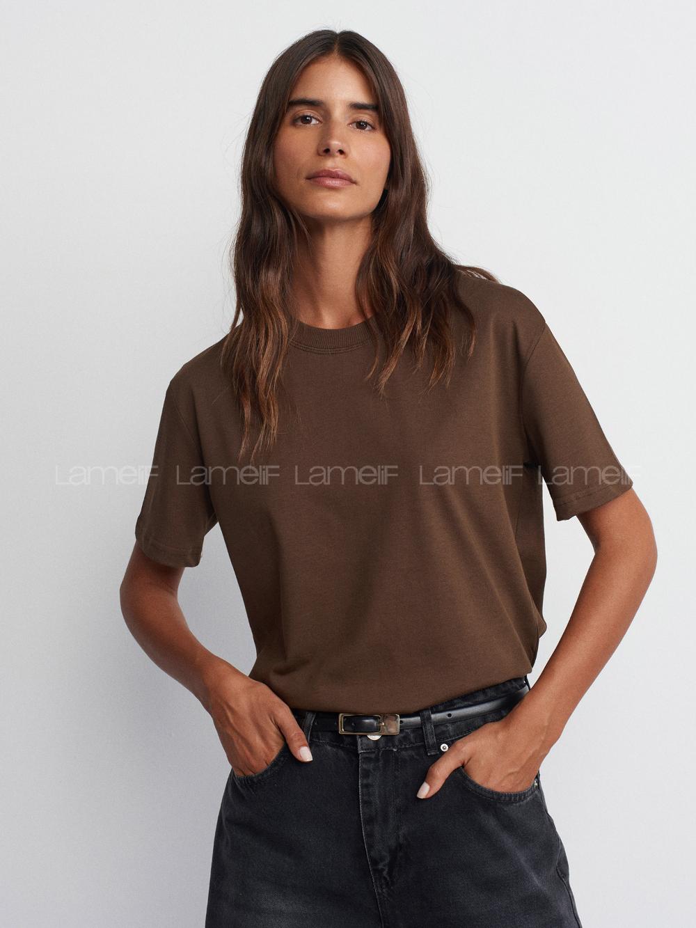 Dark Brown Crew Neck Short Arm Cotton Fabric Unprinted T-shirt