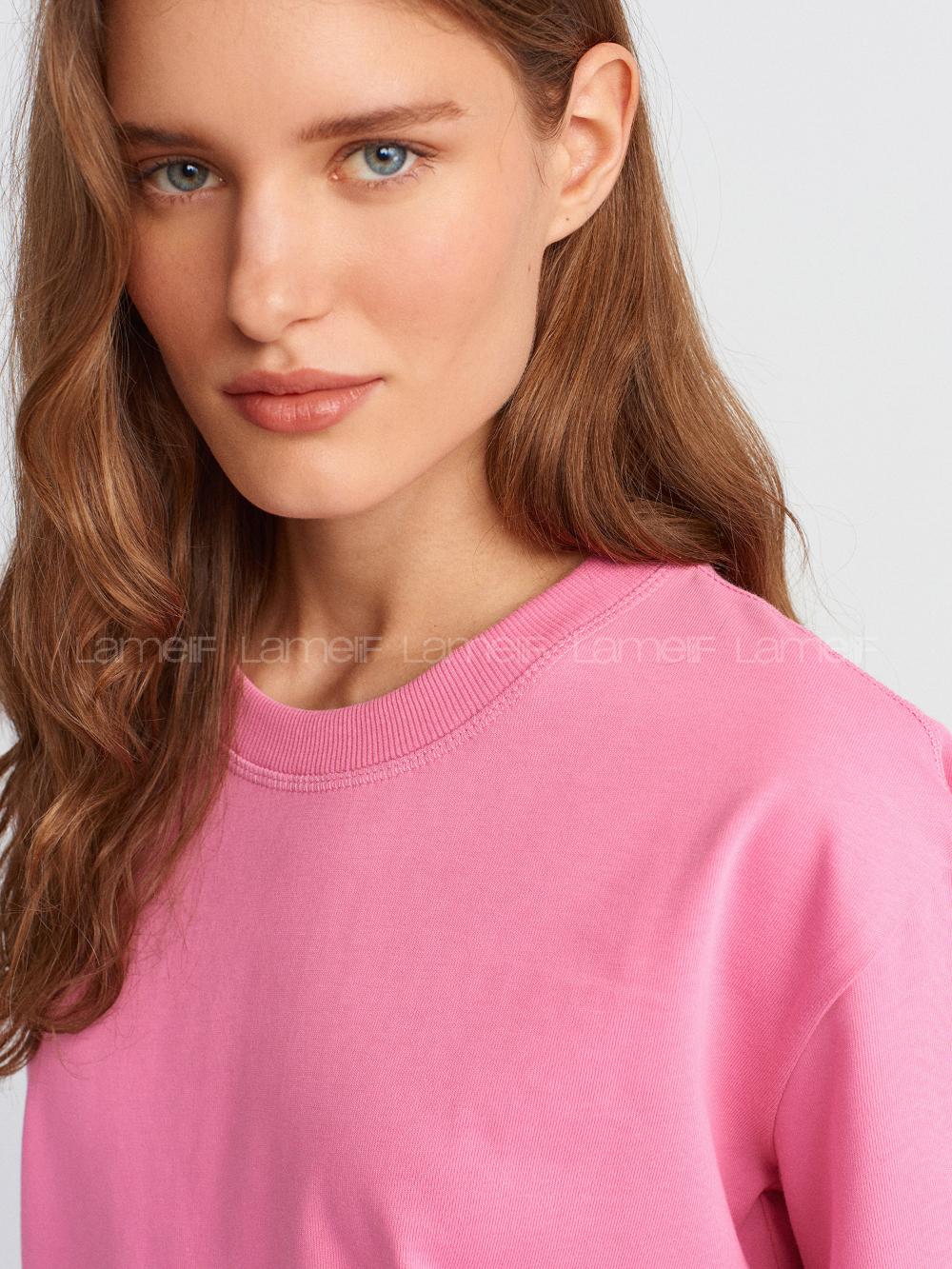 Lamelif Dilvin 30312 Dekoratif Dikişli Bisiklet Yaka Tshirt-Pembe