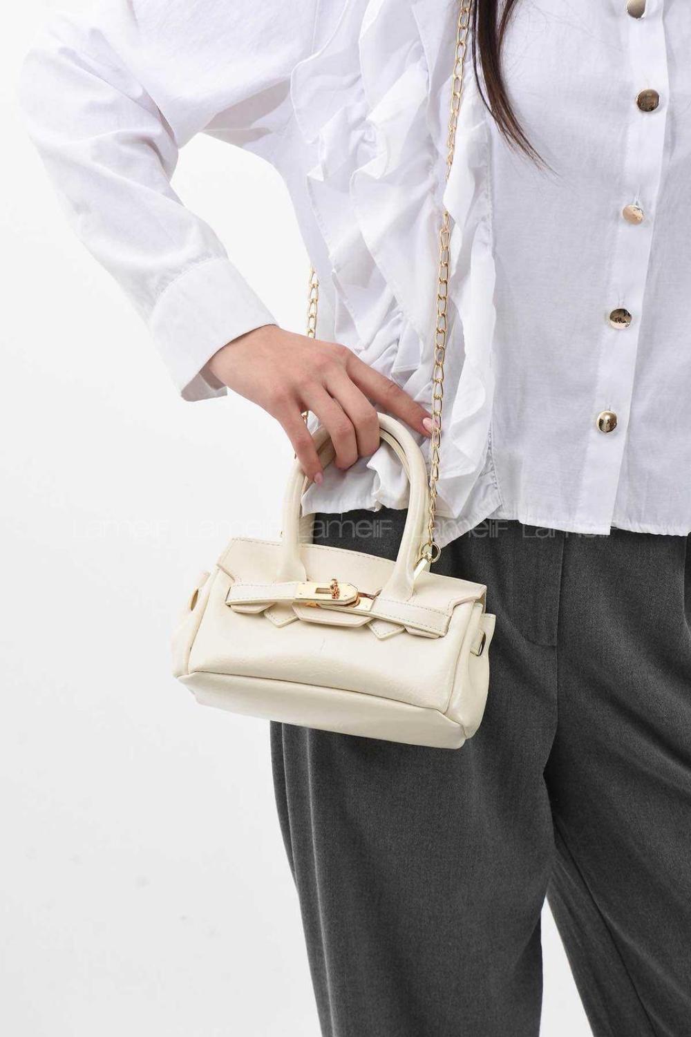 Lamelif Elly Tokalı Gold Askılı Çapraz Çanta Krem