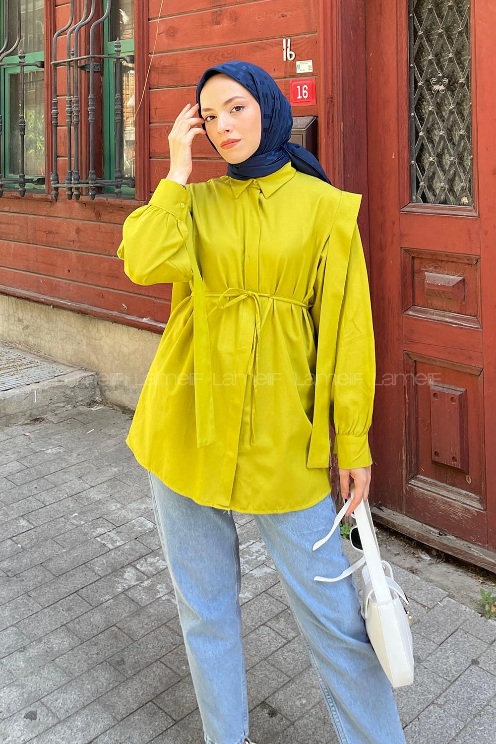 Lamelif Bel Bağlamalı Omuz Vatkalı Gömlek Yağ Yeşili