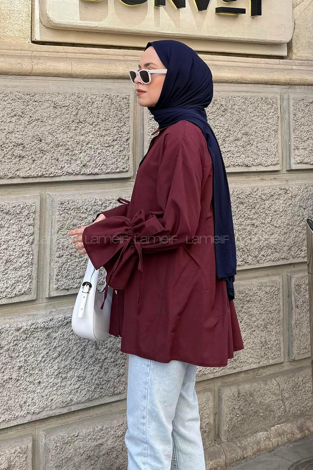 Lamelif Kol Tünel İp Detaylı Gömlek Bordo