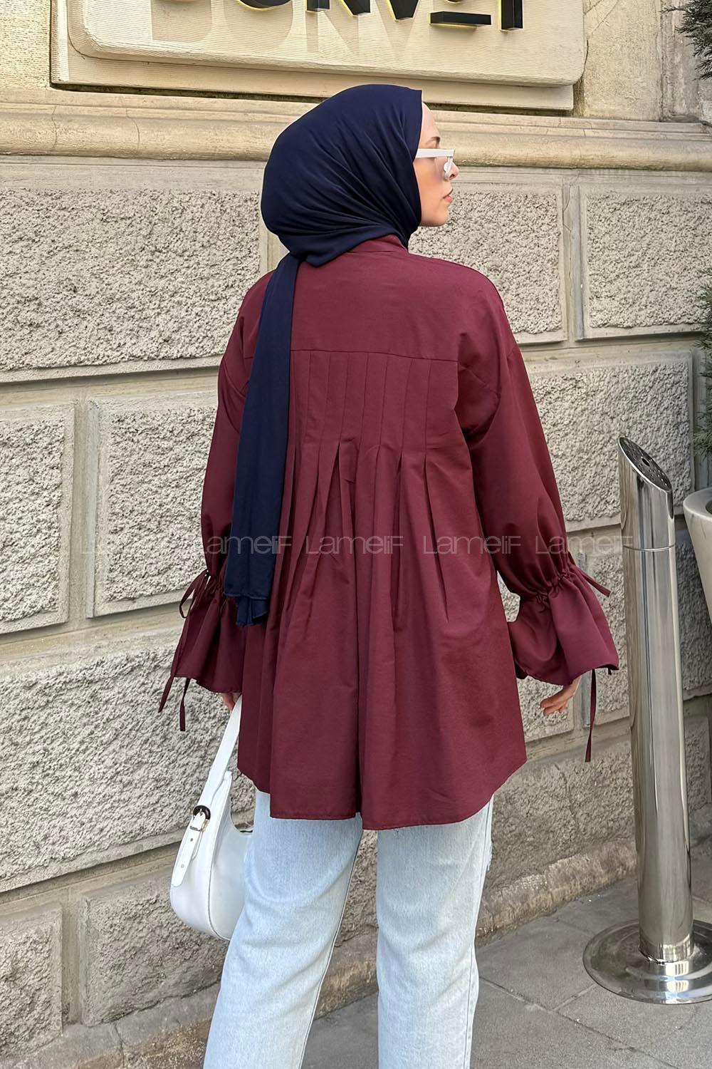 Lamelif Kol Tünel İp Detaylı Gömlek Bordo
