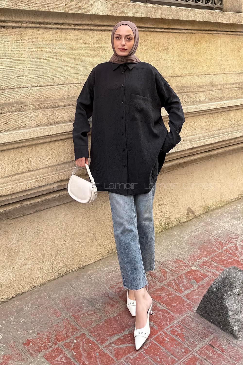 Lamelif Kraş Tesettür Tunik Siyah