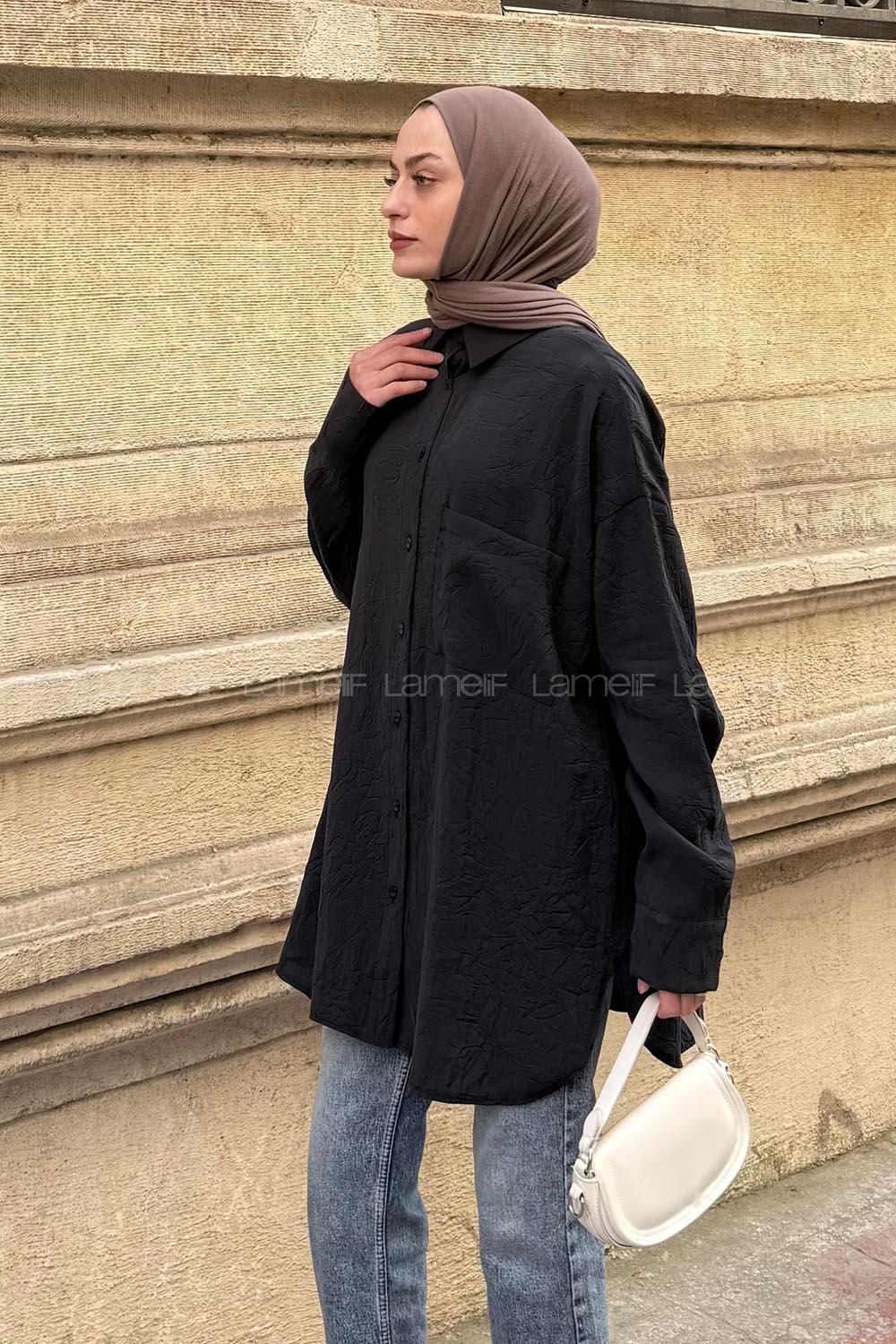 Lamelif Kraş Tesettür Tunik Siyah