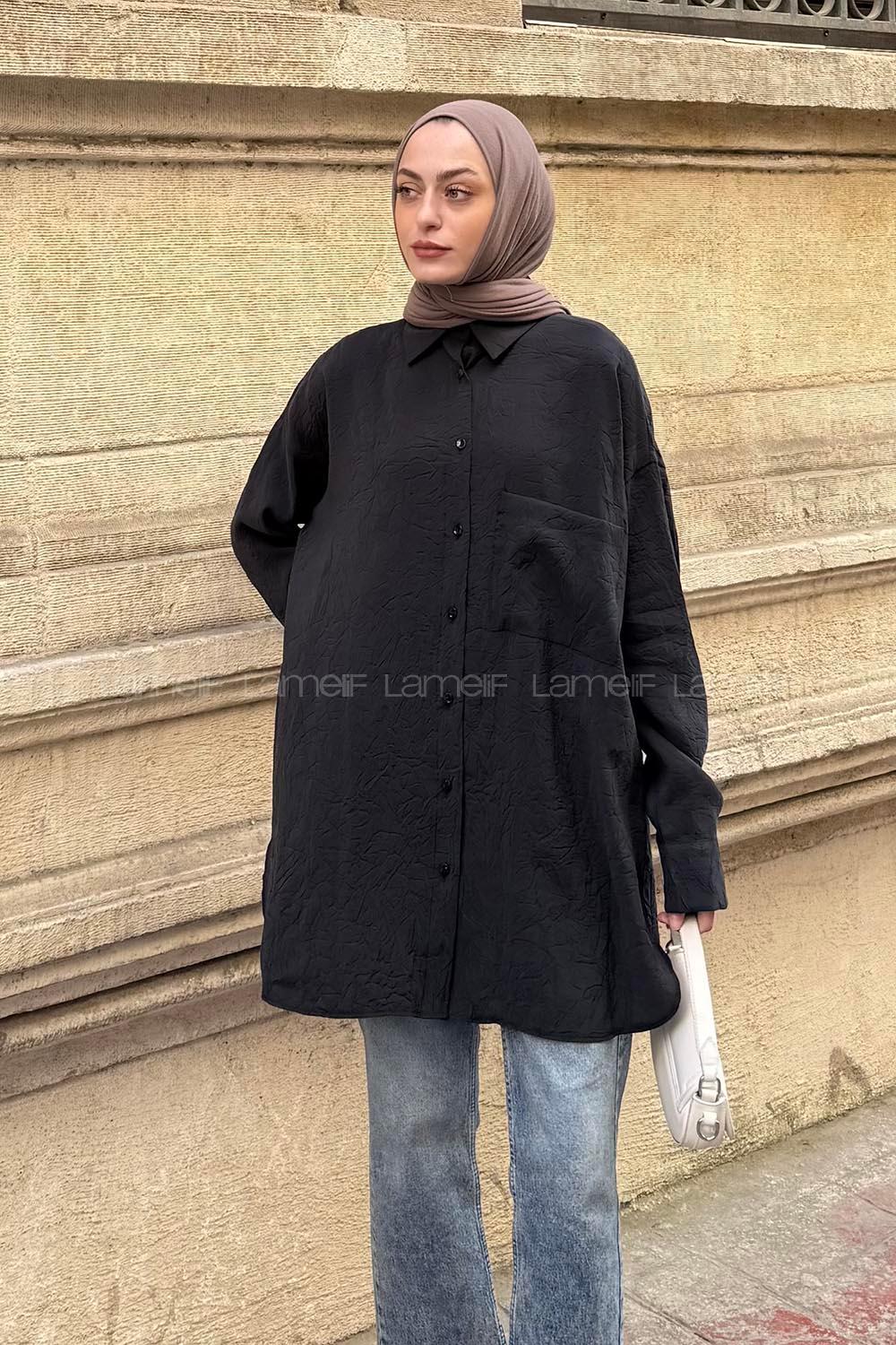 Lamelif Kraş Tesettür Tunik Siyah