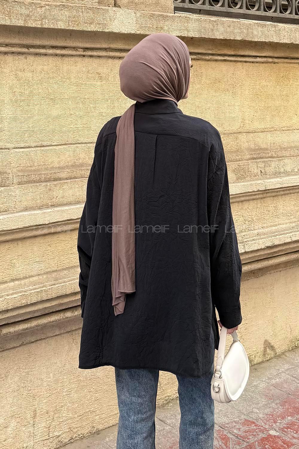 Lamelif Kraş Tesettür Tunik Siyah