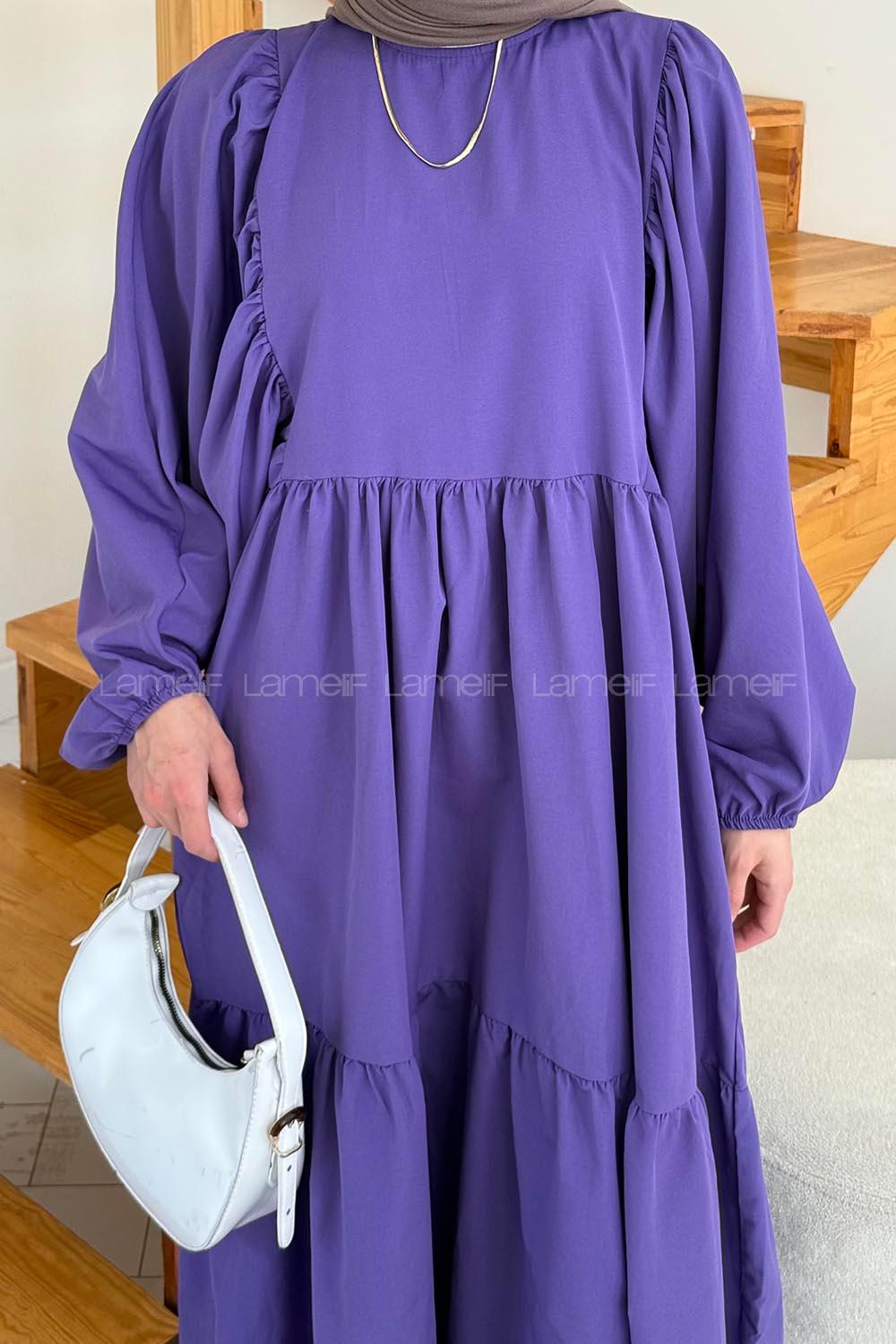 Purble Crew Neck Cotton Printed Dresess