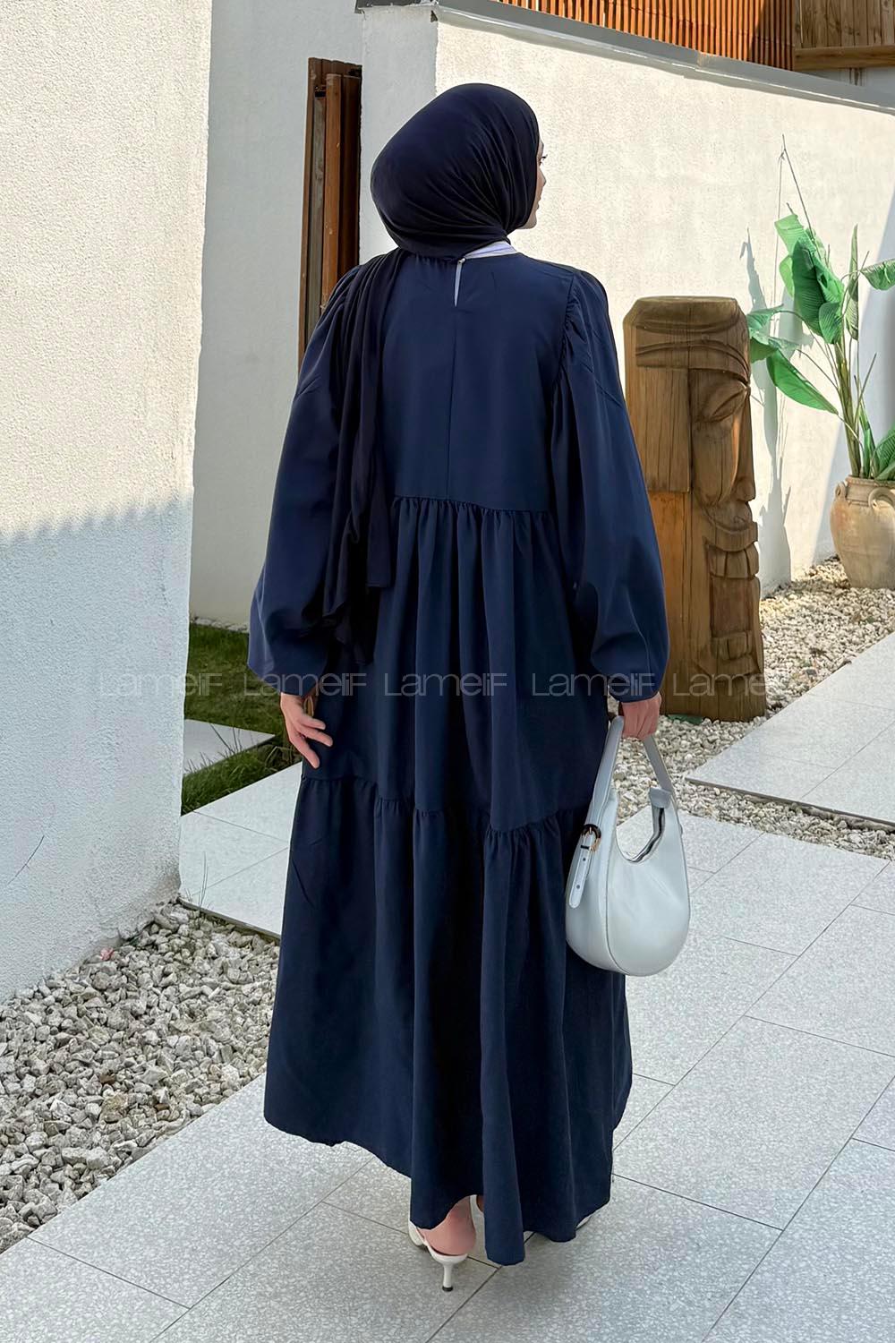 Navy Blue Crew Neck Cotton Printed Dresess