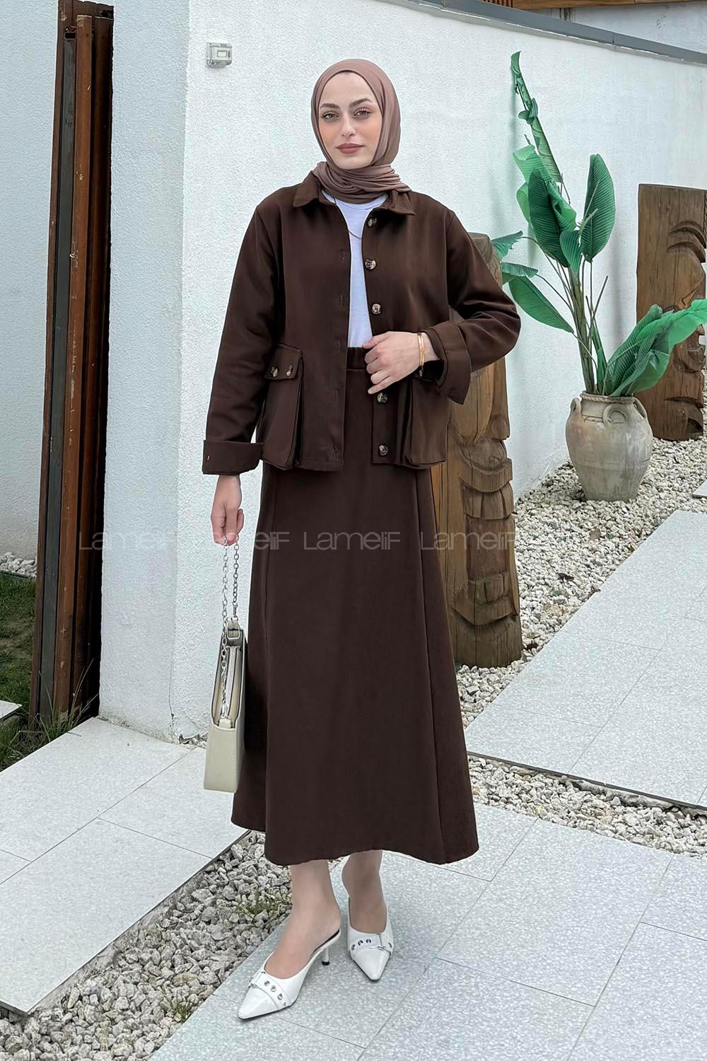 Lamelif Cep Detaylı İkili Etek  Tesettür Takım Acı Kahve