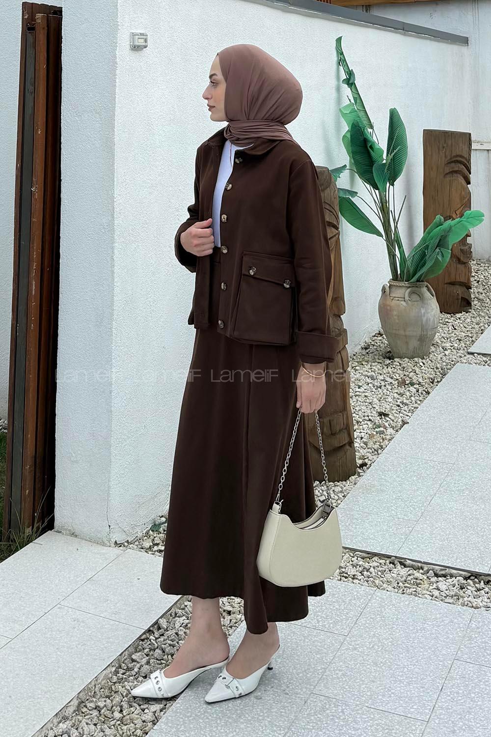 Lamelif Cep Detaylı İkili Etek  Tesettür Takım Acı Kahve
