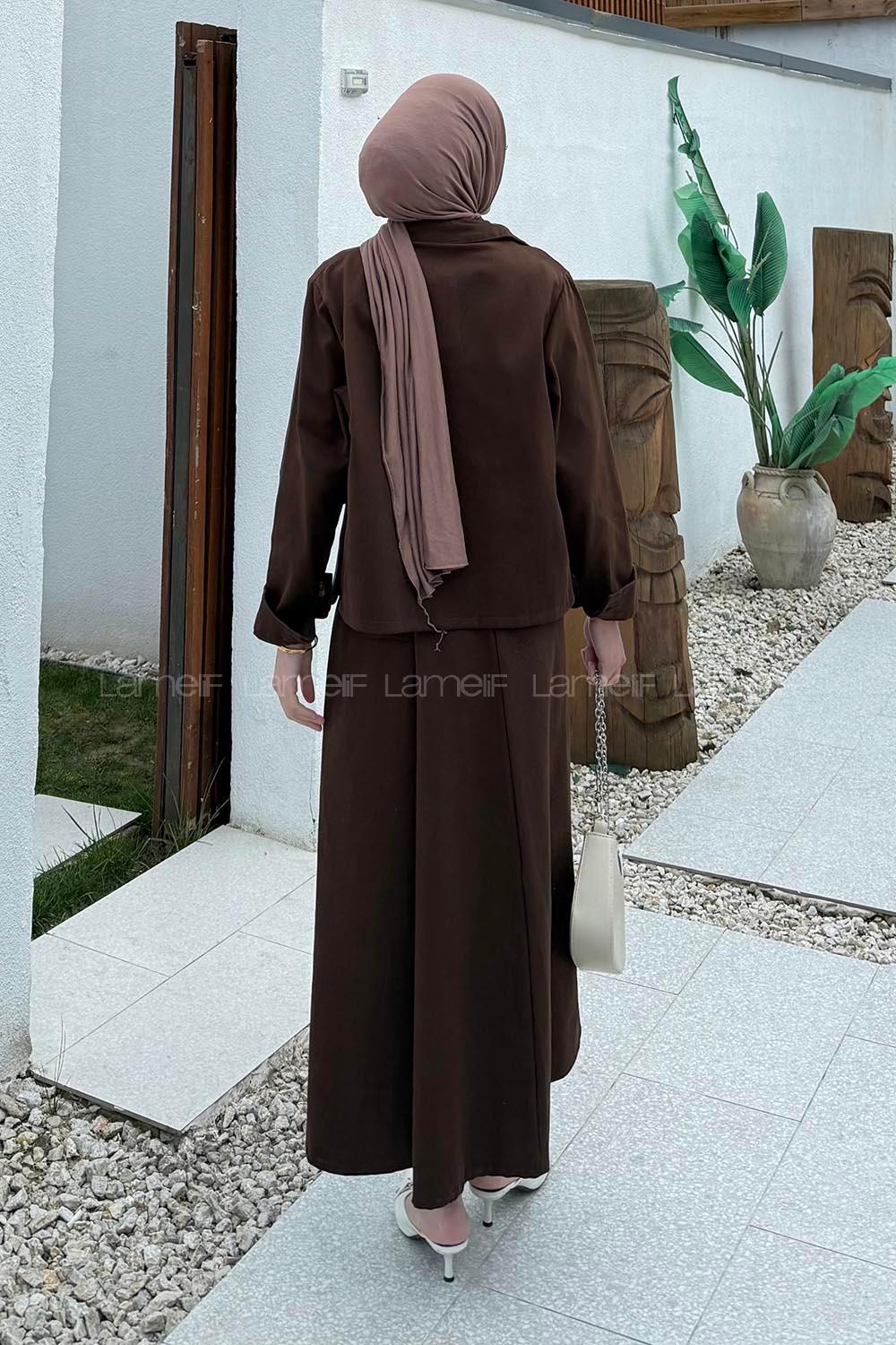 Lamelif Cep Detaylı İkili Etek  Tesettür Takım Acı Kahve