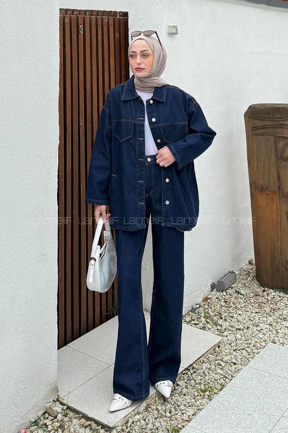 Dark Blue Shirt Collar Long Arm Denim Regular Trousers Comfortable Suit