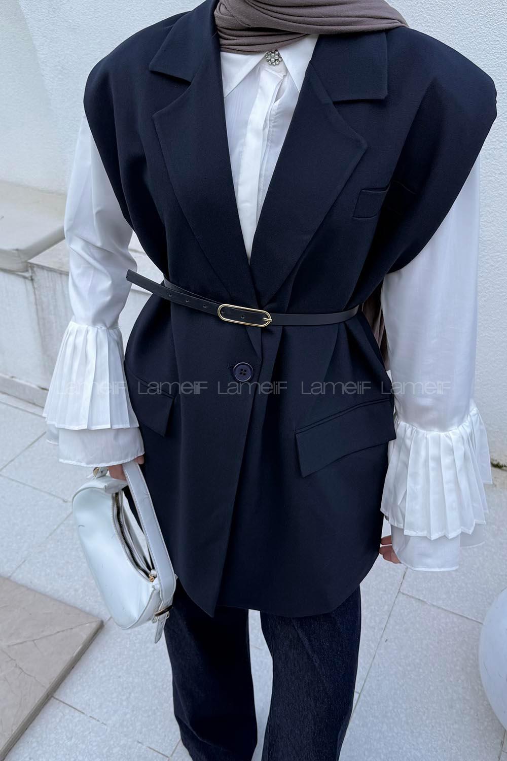 Lamelif Kemer Detaylı Sıfır Kol Blazer Ceket Lacivert