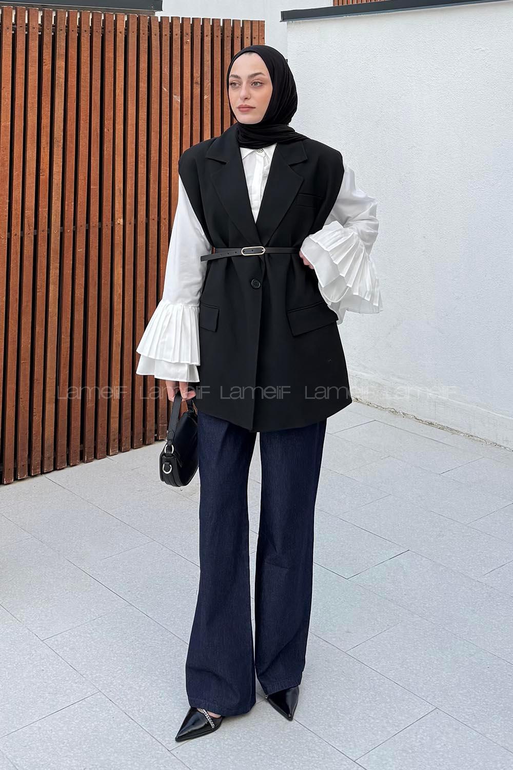 Lamelif Kemer Detaylı Sıfır Kol Blazer Ceket Siyah