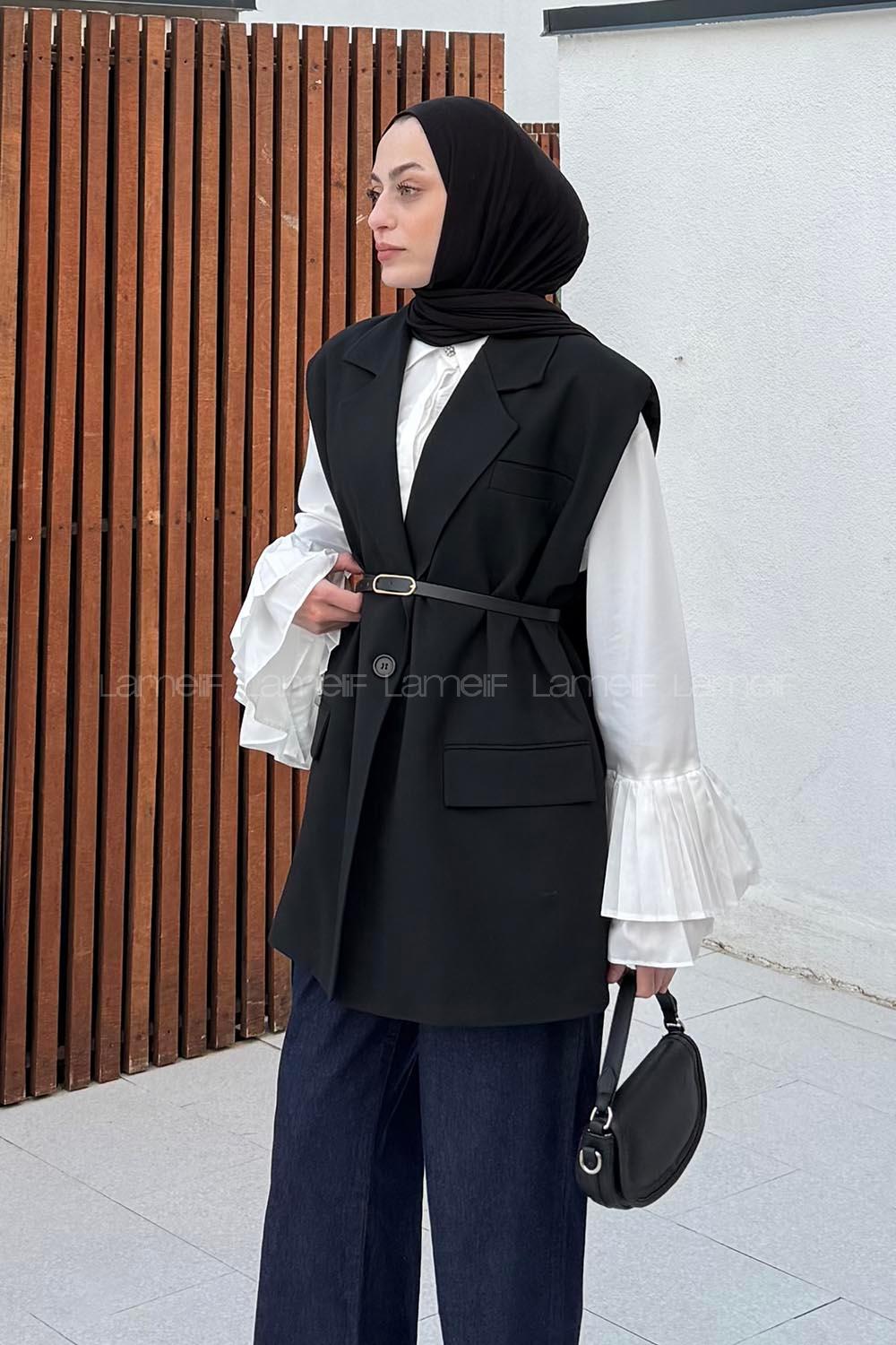 Lamelif Kemer Detaylı Sıfır Kol Blazer Ceket Siyah