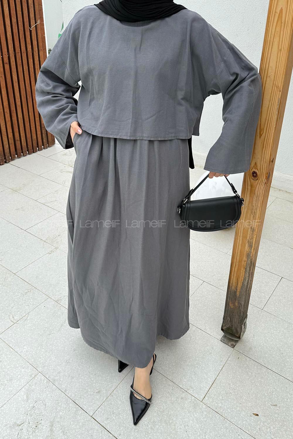 Lamelif Etekli Tesettür Takım Gri