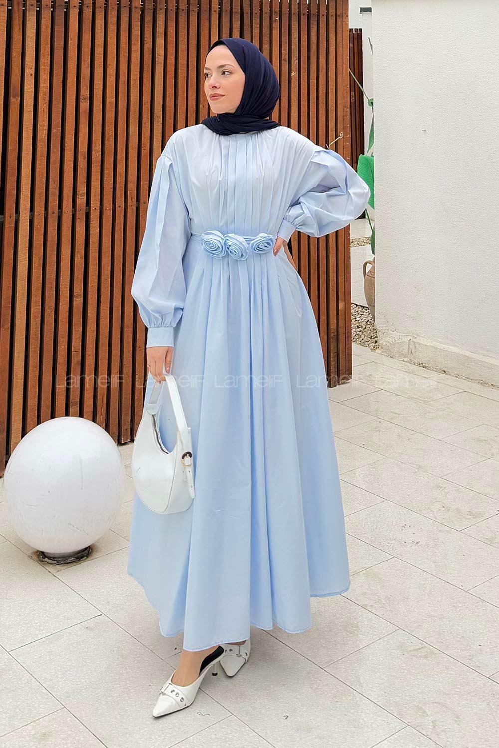 Lamelif Pileli Poplin Elbise Bebe Mavisi