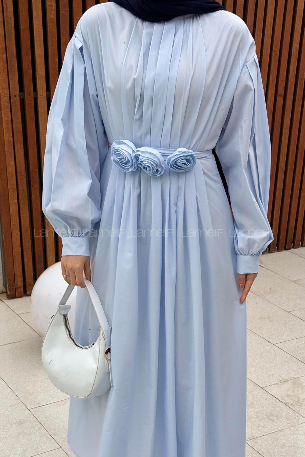 Lamelif Pileli Poplin Elbise Bebe Mavisi