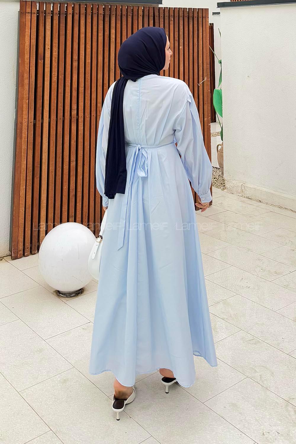 Lamelif Pileli Poplin Elbise Bebe Mavisi