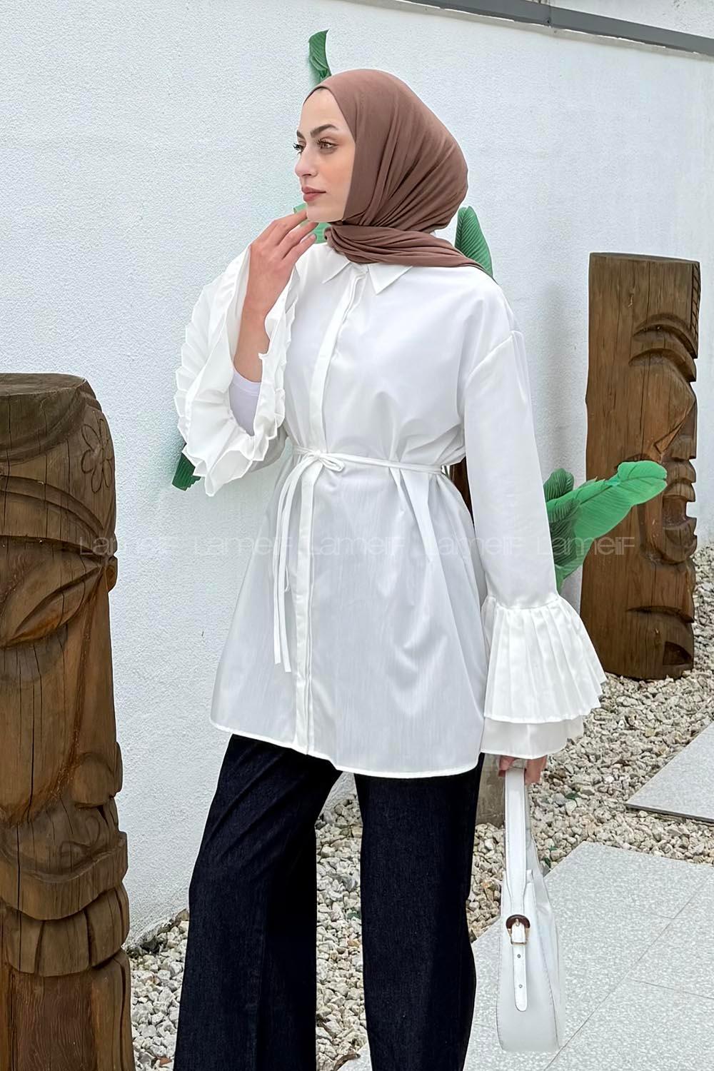 lamelif Piliseli Uzun Gömlek Beyaz