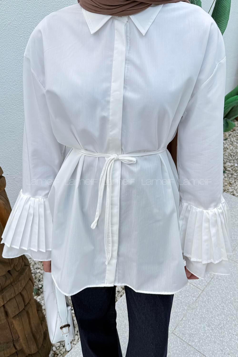 lamelif Piliseli Uzun Gömlek Beyaz