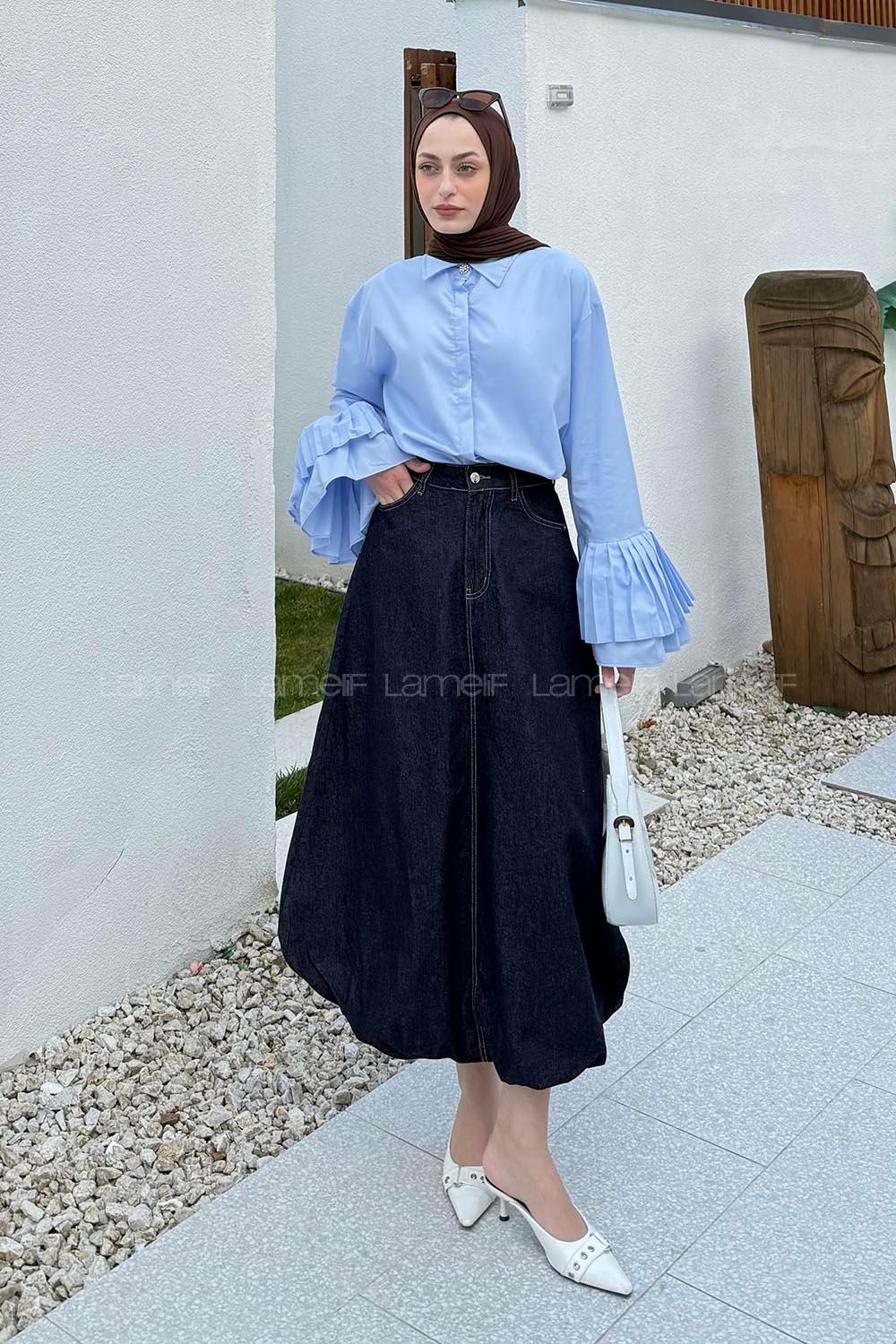 lamelif Piliseli Uzun Gömlek Mavi