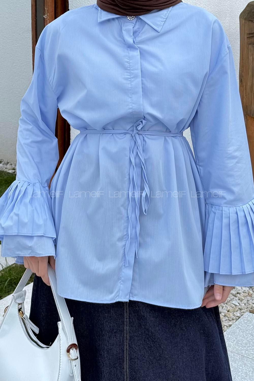 lamelif Piliseli Uzun Gömlek Mavi