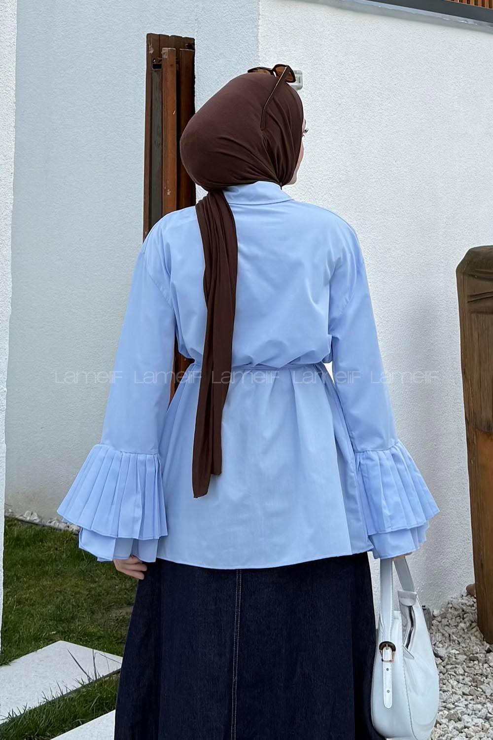 lamelif Piliseli Uzun Gömlek Mavi