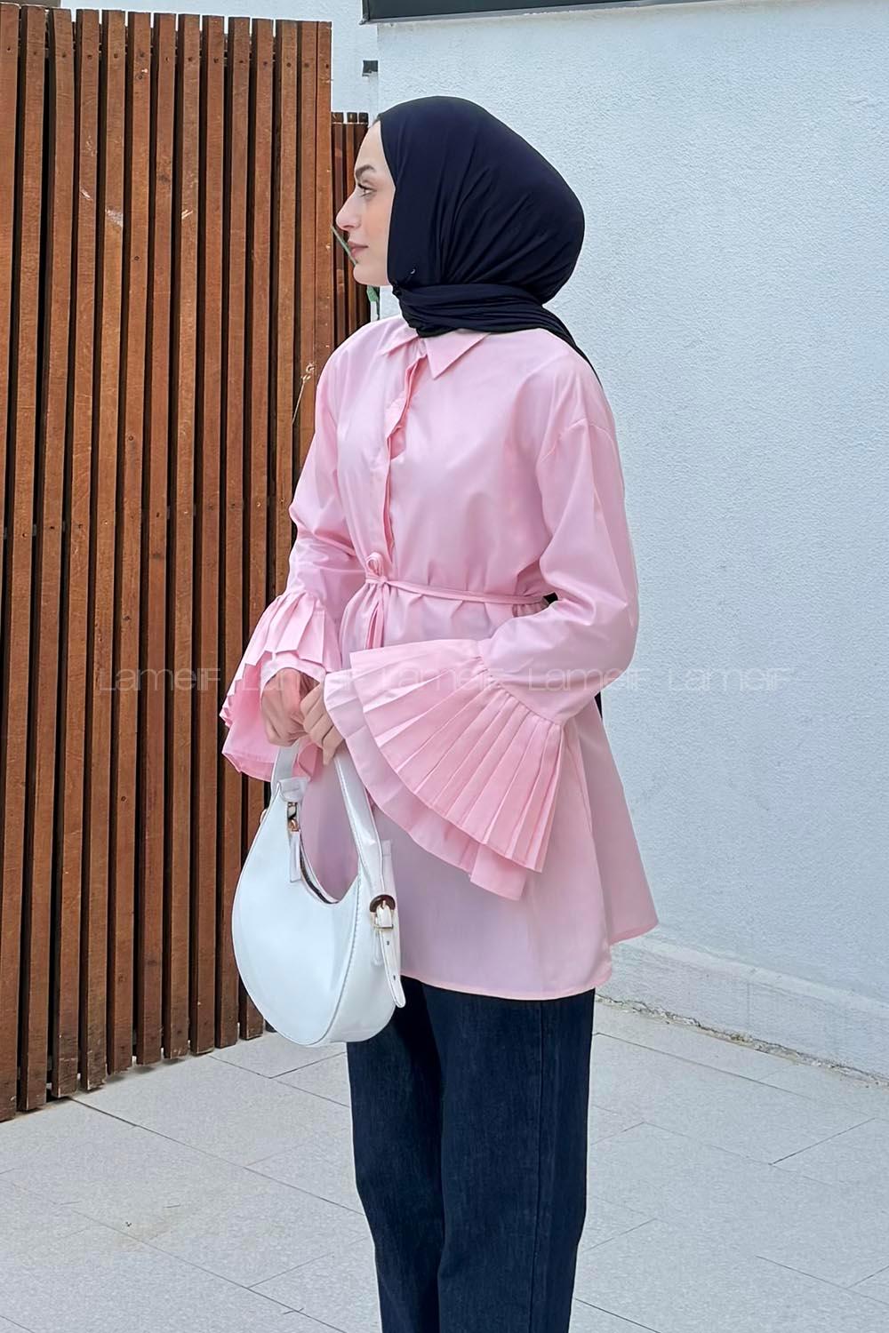 lamelif Piliseli Uzun Gömlek Şeker Pembesi