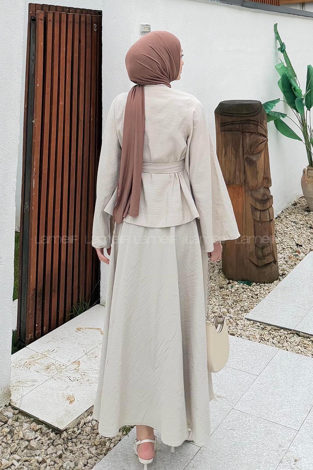 Beige Medium Crew Neck Long Arm Cotton Skirt Suit