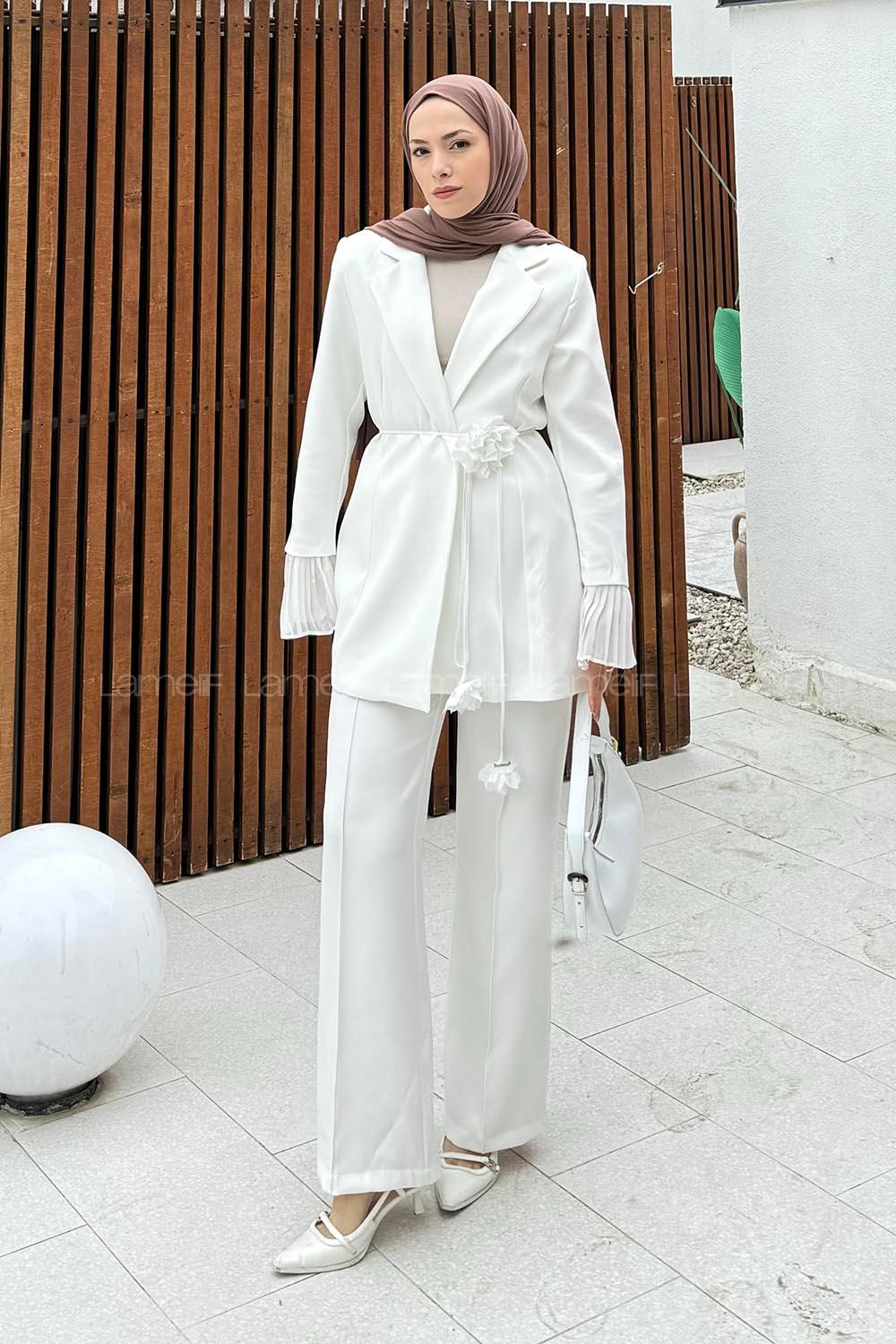 Lamelif Bağlamalı İkili Tesettür Takım Beyaz