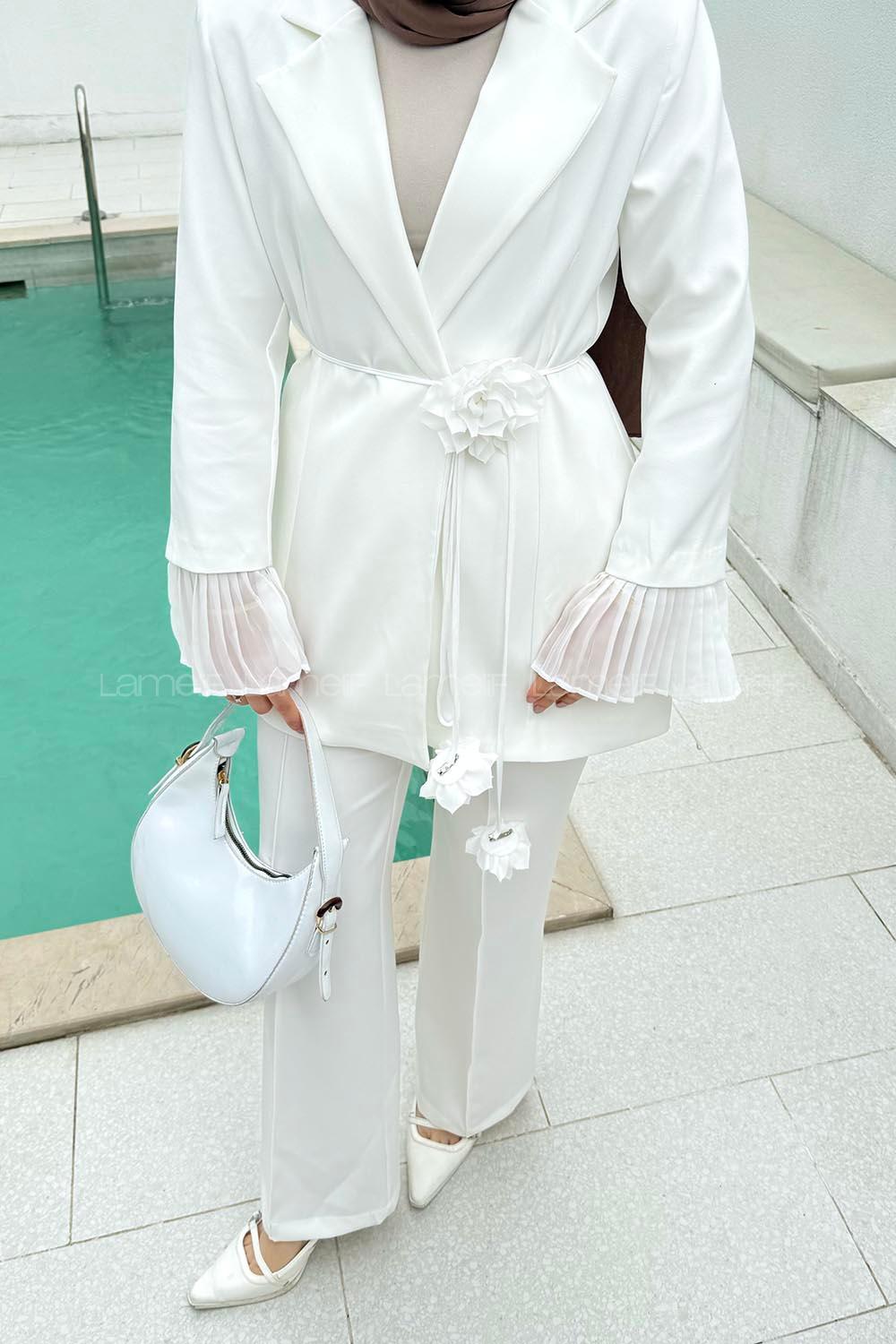 Lamelif Bağlamalı İkili Tesettür Takım Beyaz