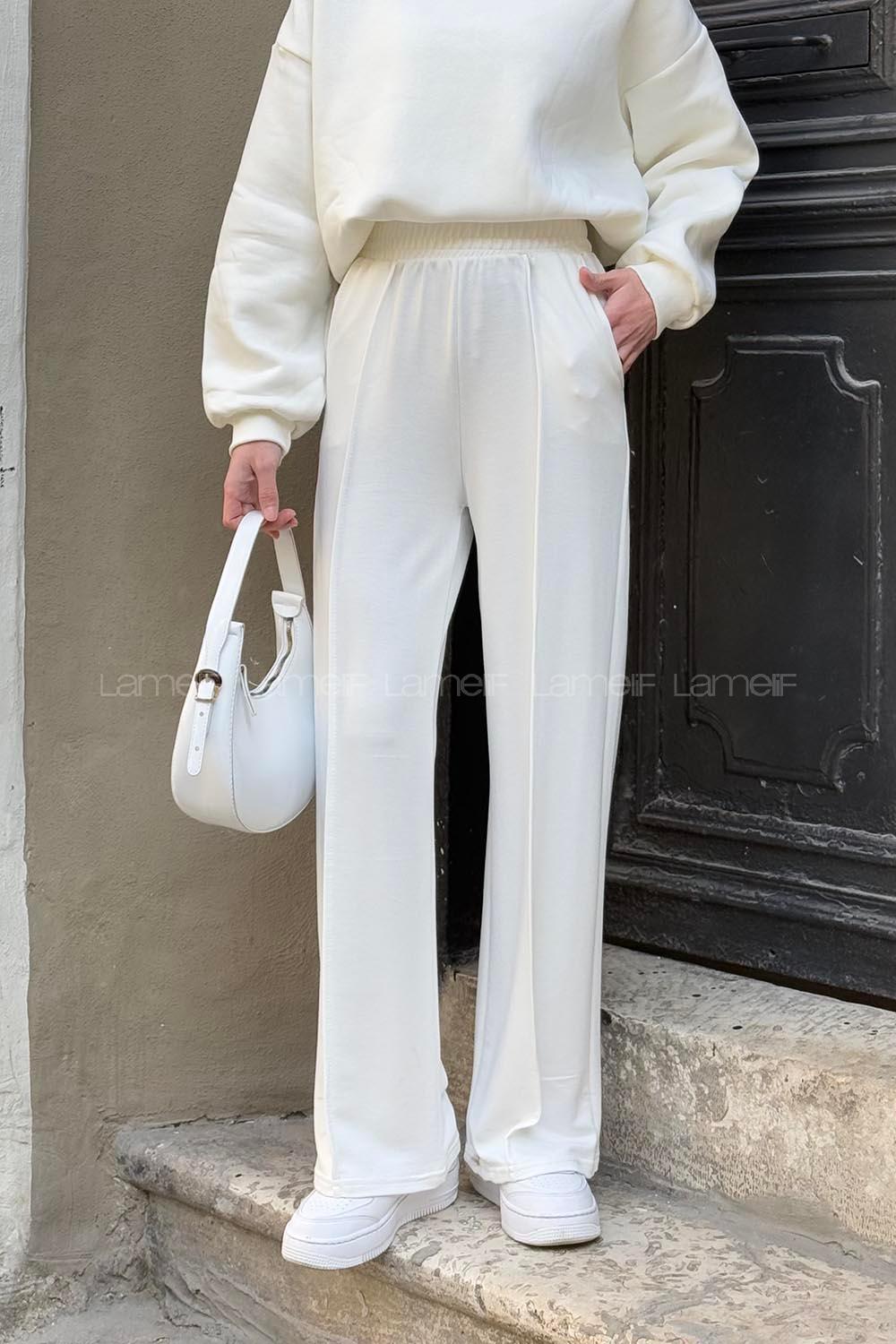 White Cotton Polyester Elastic Waist Comfortable Pants