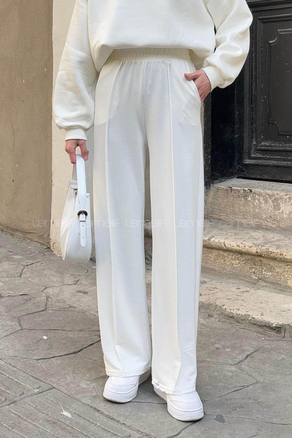 White Cotton Polyester Elastic Waist Comfortable Pants