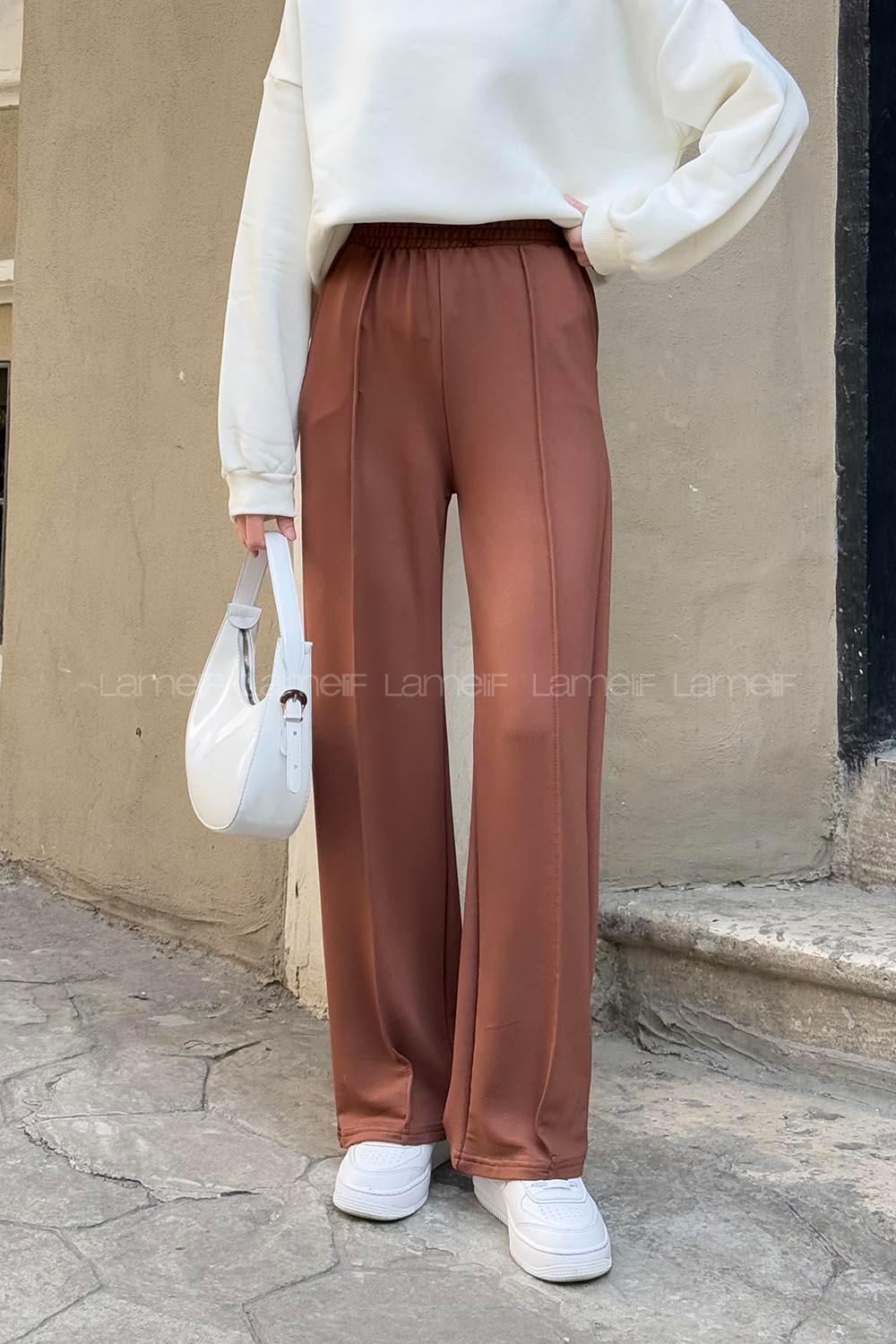 Brown Cotton Polyester Elastic Waist Comfortable Pants