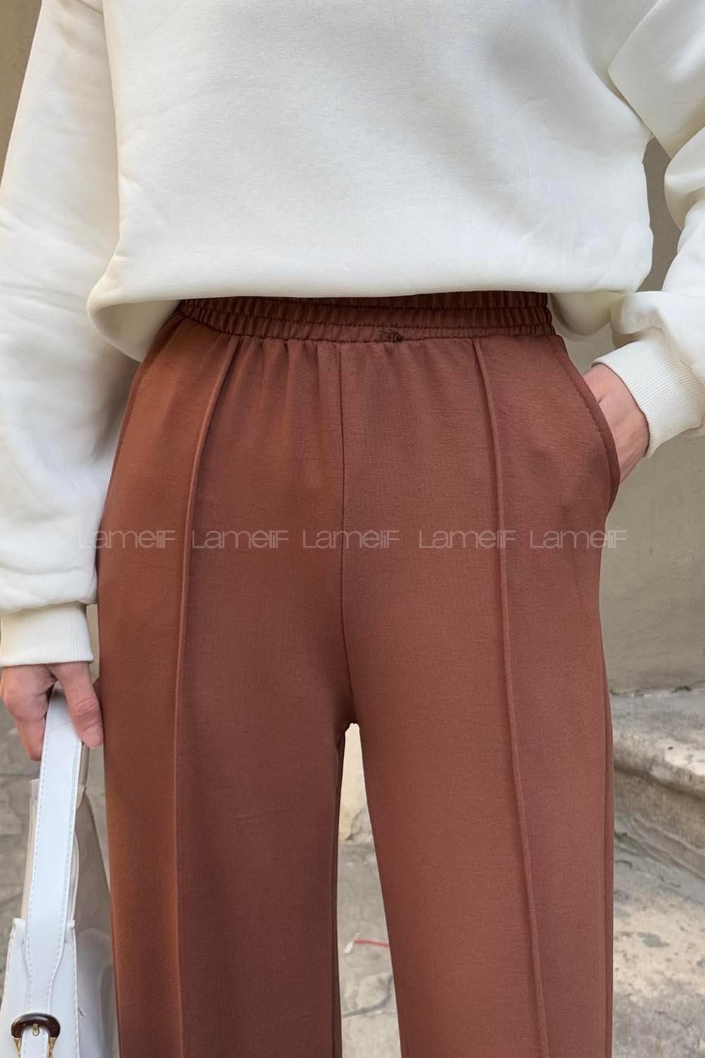 Brown Cotton Polyester Elastic Waist Comfortable Pants