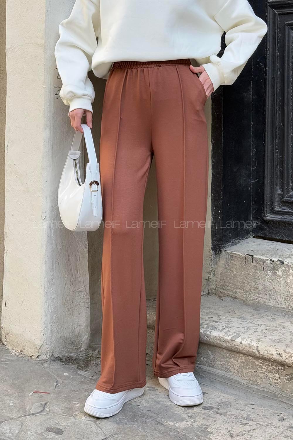 Brown Cotton Polyester Elastic Waist Comfortable Pants