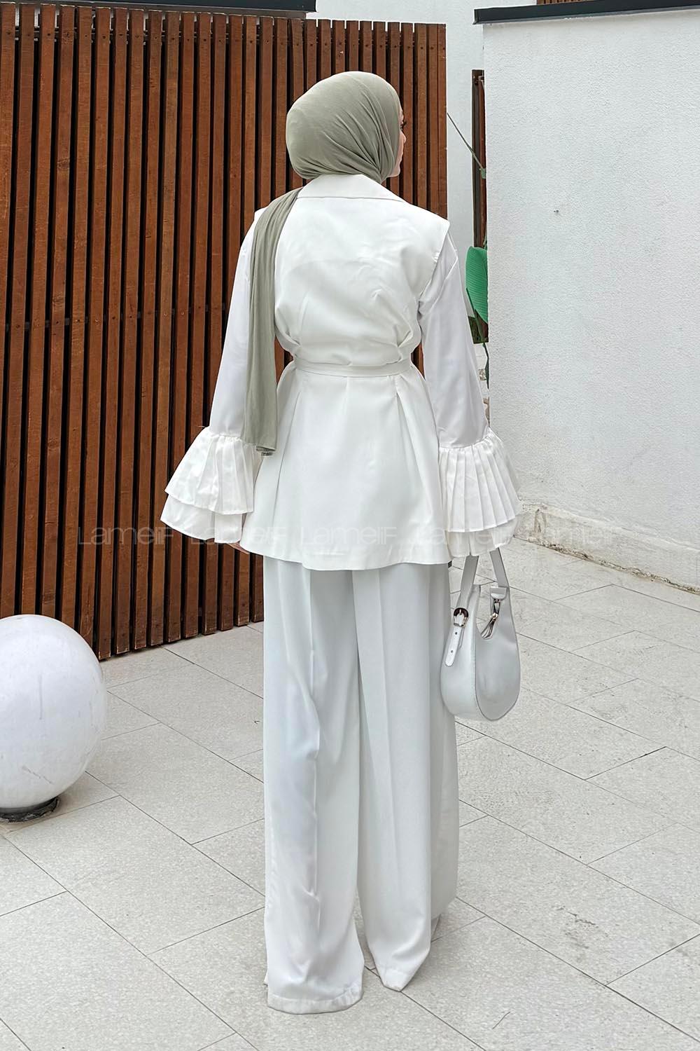 Lamelif İnce Kuşaklı Yelekli Takım Beyaz