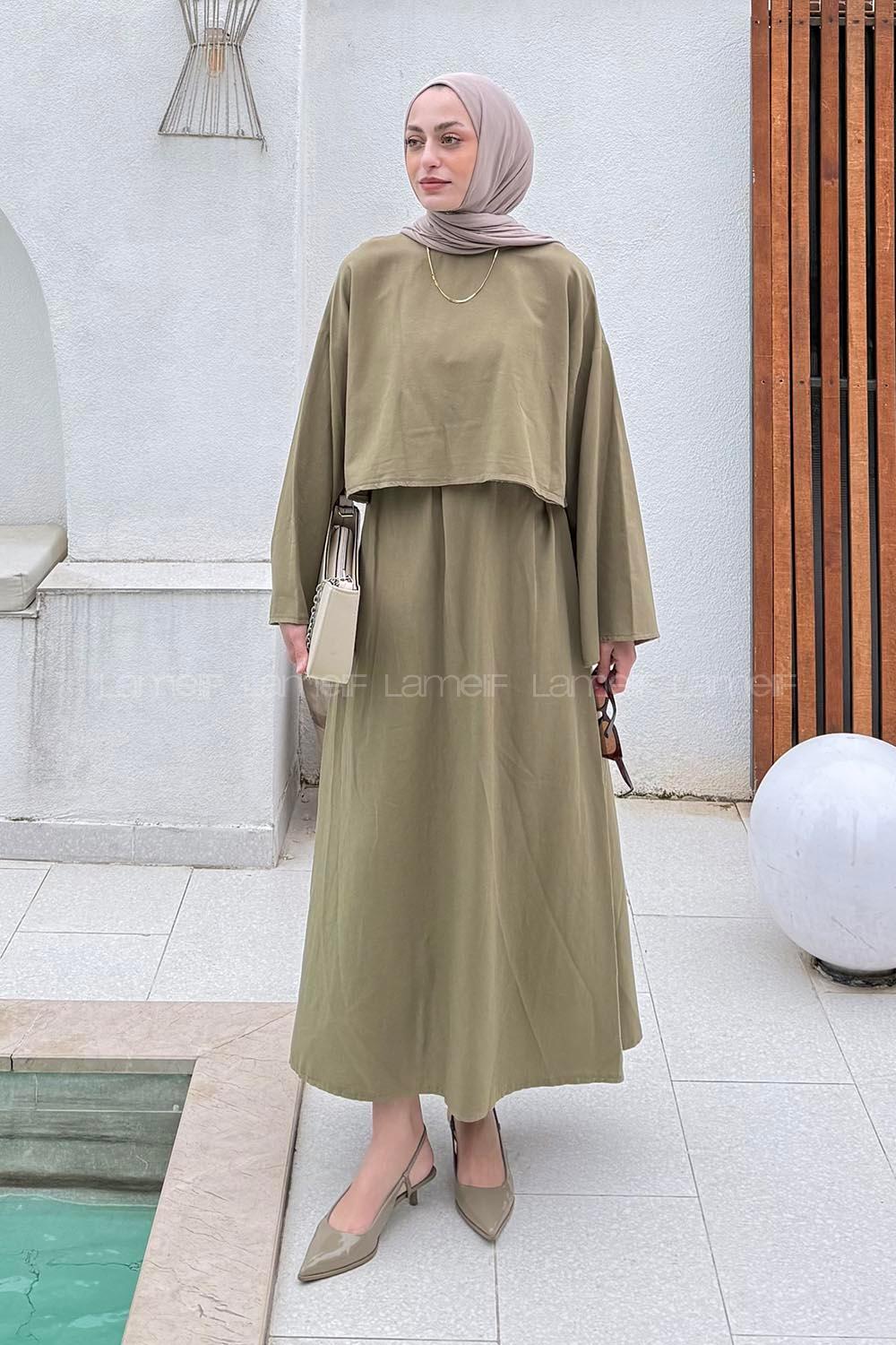 Khaki Crew Neck Long Arm Linen Flare Suit