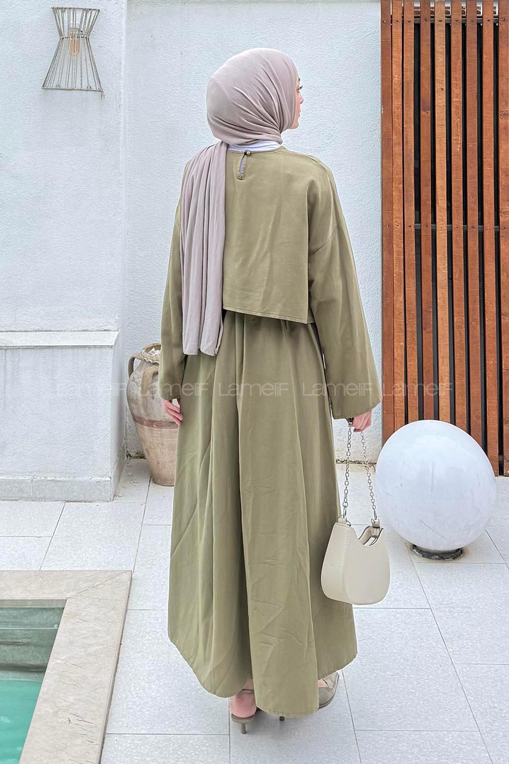 Khaki Crew Neck Long Arm Linen Flare Suit