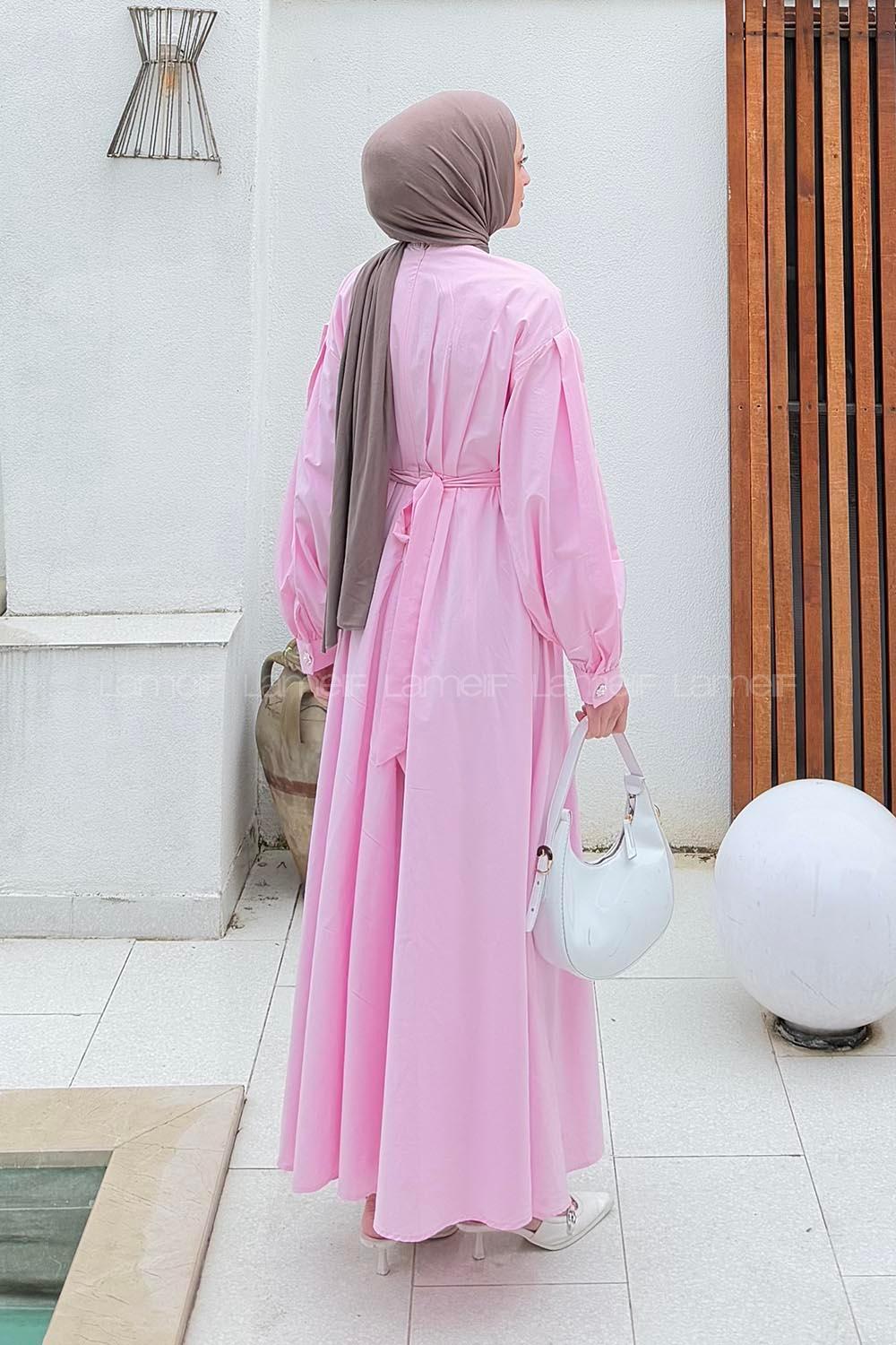 Lamelif Pileli Poplin Elbise Şeker Pembesi