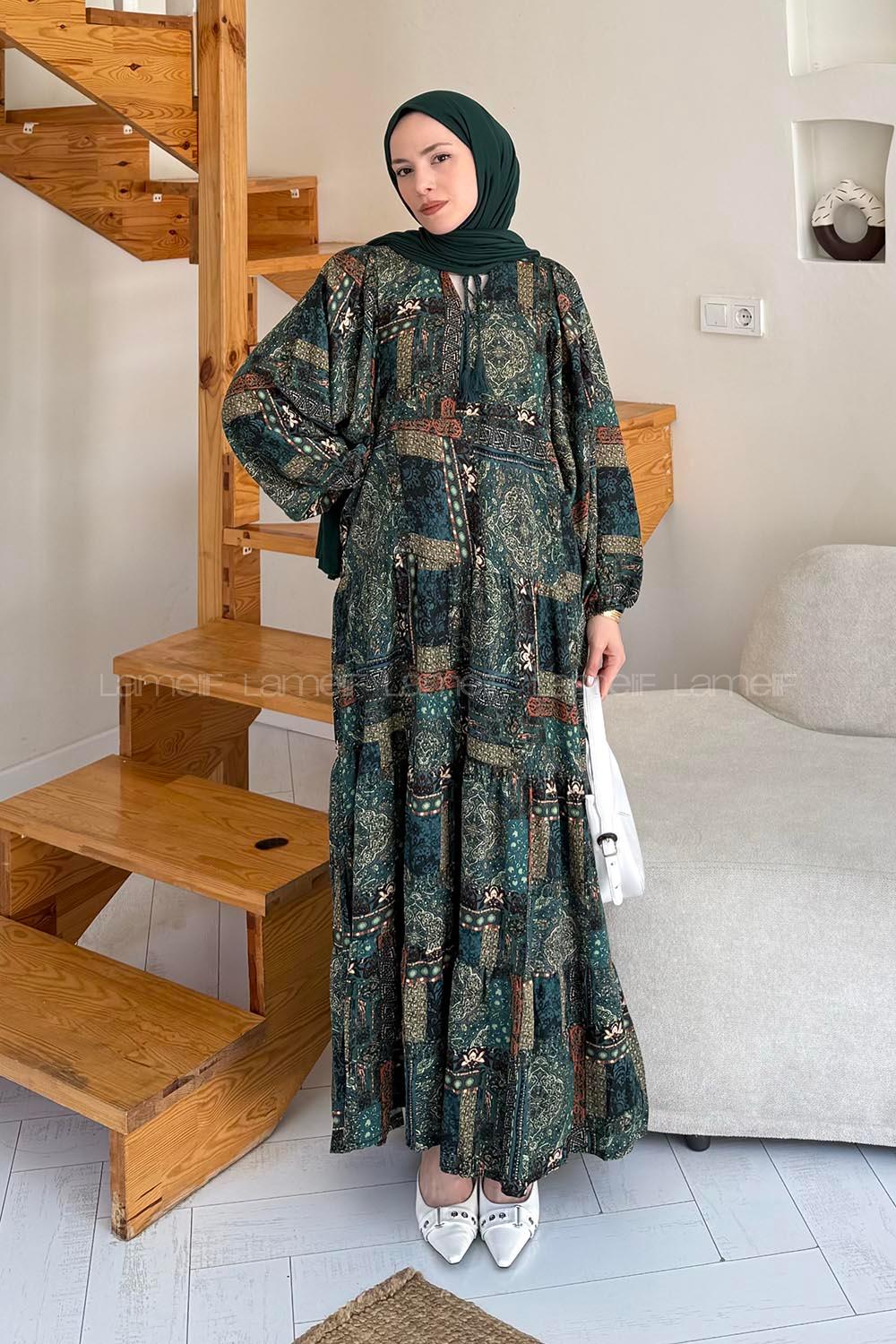 Lamelif Viskon Etnik Desenli Püskül Detaylı Elbise Koyu Yeşil